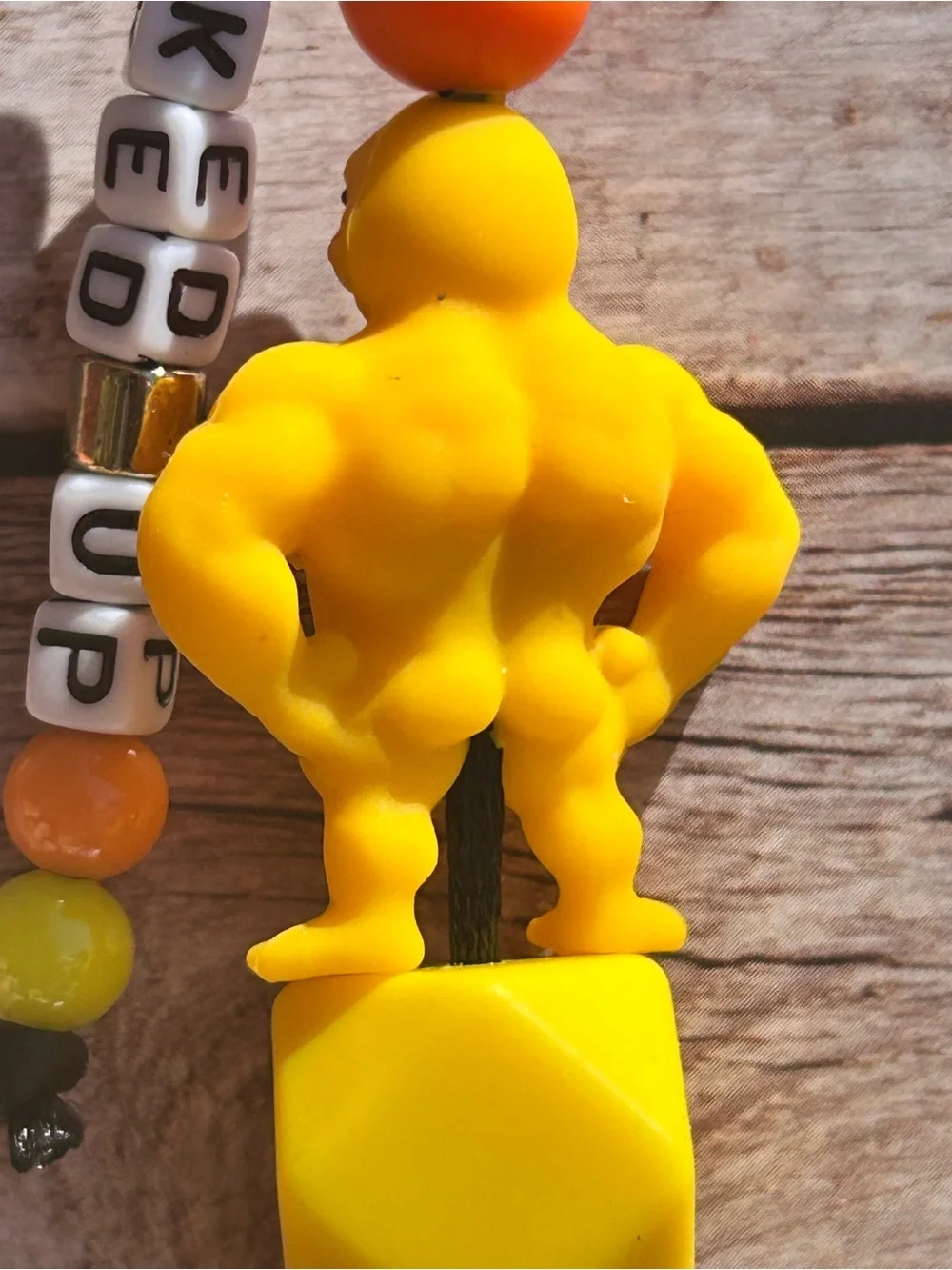 Yellow Muscular Rubber Duck Keychain with handmade letter bead strand